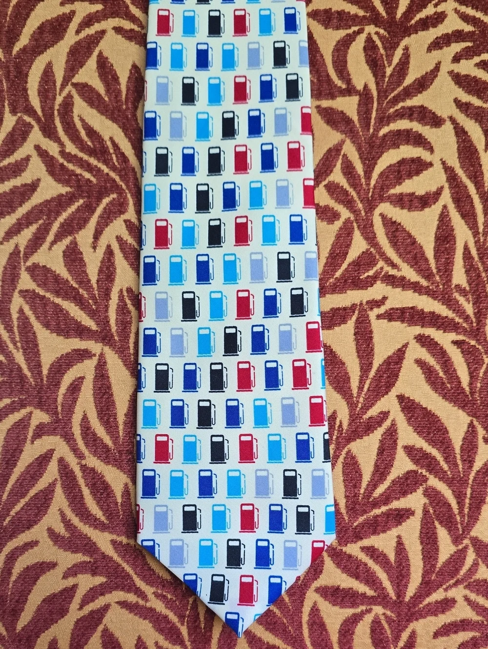 White Men's Tie with Multicolor Gas Pump Icon Pattern. Perfecr for GEARHEADS